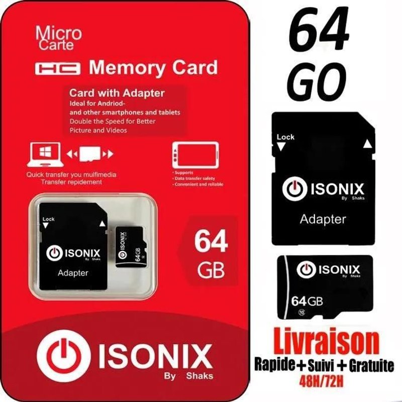 ISONIX Carte Mémoire Micro Carte SD 64 go Formate SD-HC/SD-XC + Adaptateur 100% Réel Class 10