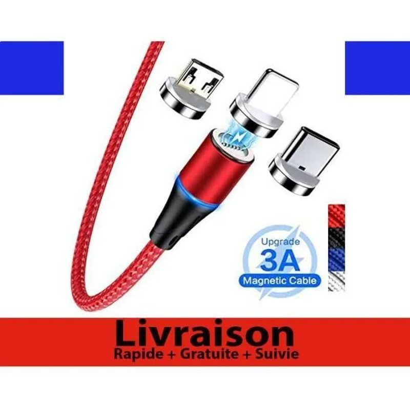 Câble USB Cordon Chargeur Magnétique LED pour Type - C + Micro USB + iPhone (Roug)