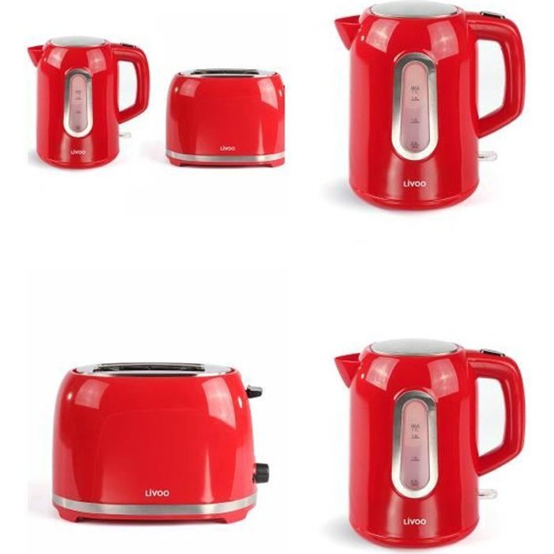 PACK Bouilloire électrique sans fil 1,7L + Grille-pain 2 fentes rouge 3 fonctions avec témoins LED