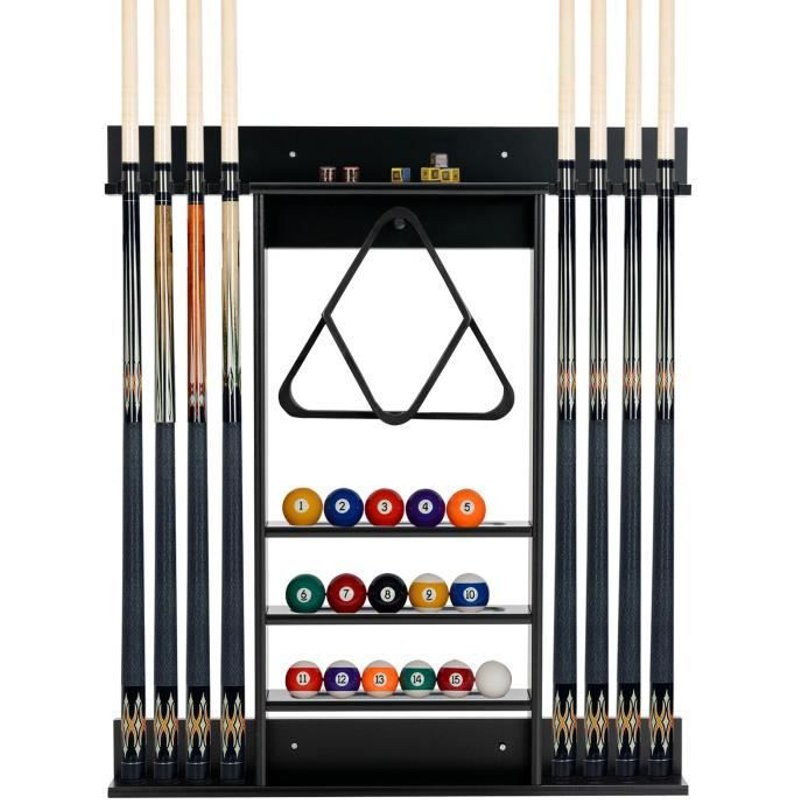 COSTWAY Porte-Queues de Billard Mural 8 Queues et Rainures Ă 3 Niveaux 15 Porte-balles 1 Porte-boules Triangle en Bois Club Noir