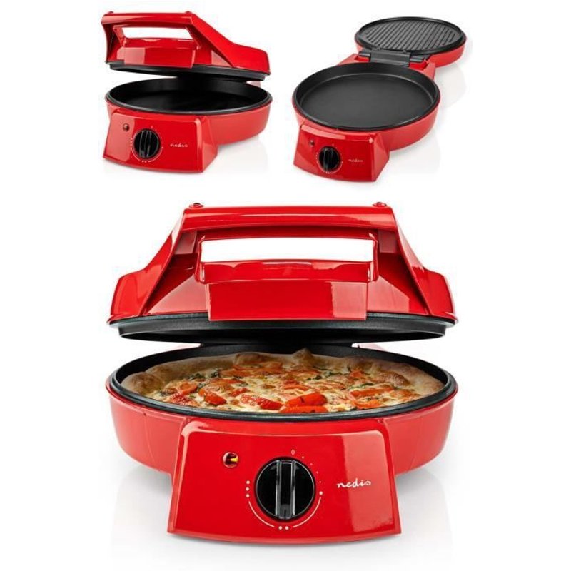 Four à Pizza Rouge et tartes avec Grill Plancha Revêtement Pierre antiadhésif Puissance 1800 W pancakes, omelettes, quiches flammeku
