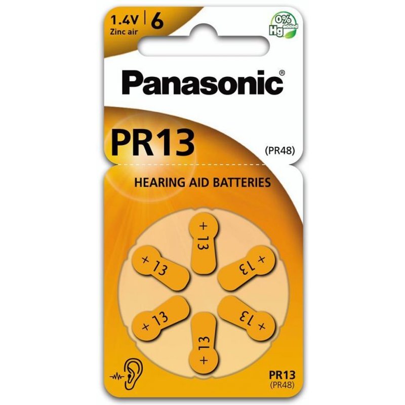 Pack de 6 piles PR13 pour appareil auditif Panasonic Zinc-Air 0% Mercury/Hg - Orange