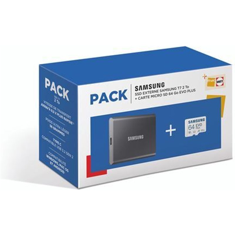 Pack Samsung SSD Externe T7 2 To avec Carte micro SD 64 Go EVO Plus
