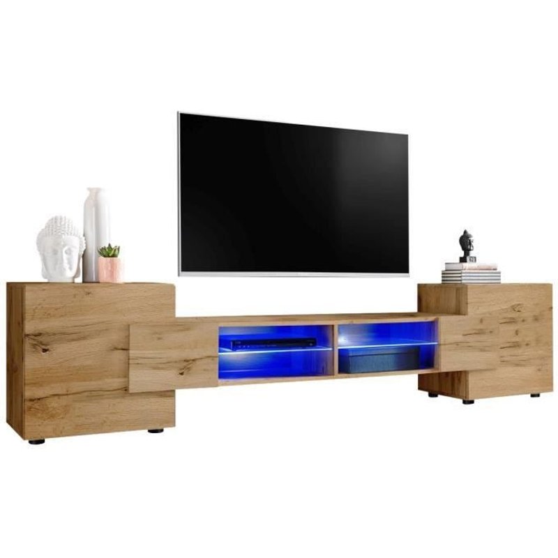 Meuble Banc Tv Merano Version 2 Komodee - Led Bleues - Bois Naturel Mat Et Bois Naturel - 230 X 53 X 35 Cm