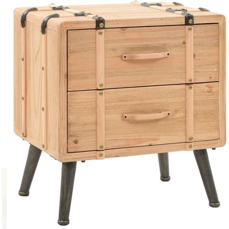 Table De Chevet En Bois De Sapin Massif Avec 2 Tiroirs, Style Rustique Et Vintage