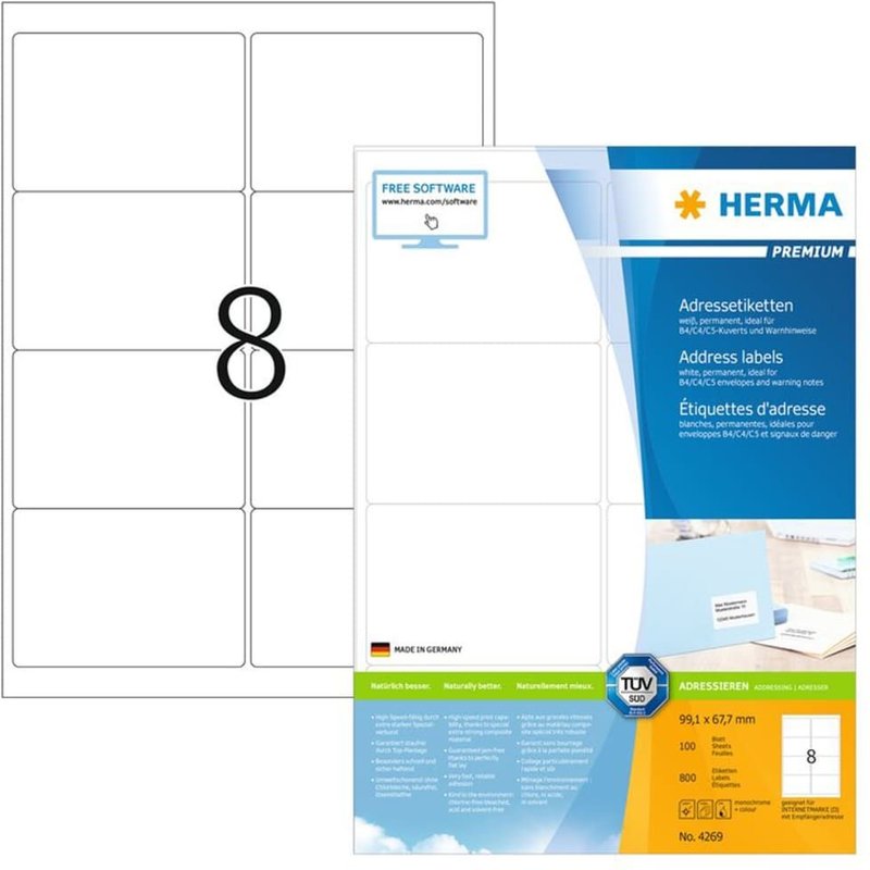 HERMA Premium - Papier - mat - auto-adhésif permanent - blanc - 99.1 x 67.7 mm 800 étiquette(s) (100 feuille(s) x 8) étiquettes d'adresse laminées