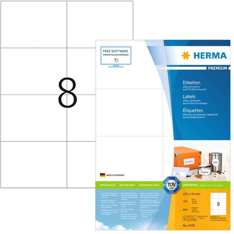 HERMA Premium - Papier - mat - auto-adhésif permanent - blanc - A7 (74 x 105 mm) 800 étiquette(s) (100 feuille(s) x 8) étiquettes laminées