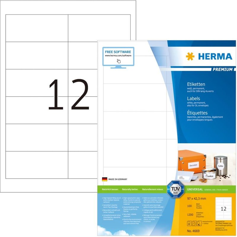 HERMA Premium - Papier - mat - auto-adhésif permanent - blanc - 97 x 42.3 mm 1200 étiquette(s) (100 feuille(s) x 12) étiquettes laminées