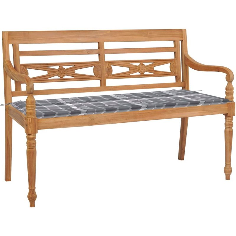Banc De Jardin Meuble De Patio D'extérieur Terrasse Avec Coussin À Carreaux Gris 120 X 51,5 X 84 Cm Bois De Teck Helloshop26 02_0011111