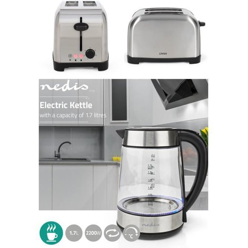 Bouilloire Inox en Verre 1,7L Sans Fil 2200W + Grille-pain Inox 2 Fentes 850W 3 fonctions avec témoins LED