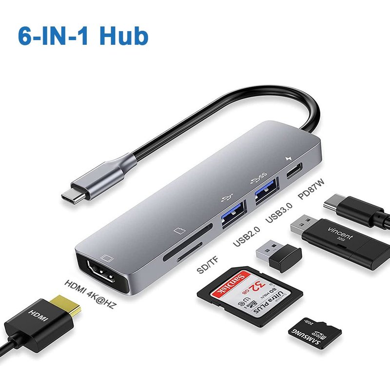 6 en 1 (HDMI.Carte) - Adaptateur Hub USB C avec HDMI 4K 100W PD USB C 3 USB A TF/SD 3.5mm Audio Thunderbolt 3 USBC pour iPad Pro MacBook Air/Pro,XPS