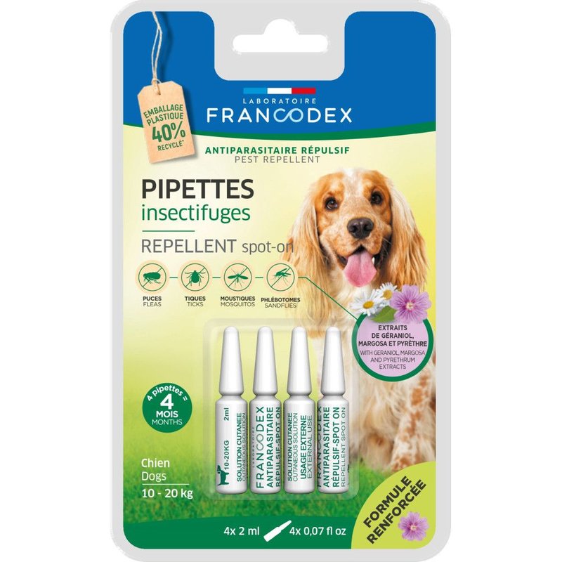 4 Pipettes Insectifuges Pour Chiens De 10 Kg À 20 Kg Formule Renforcée