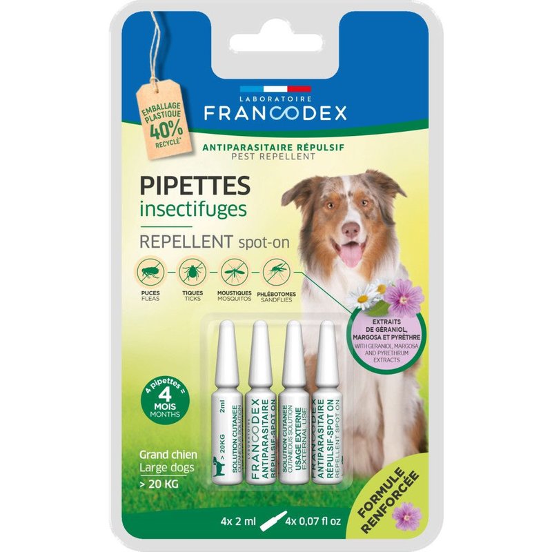 4 Pipettes Insectifuges Pour Chiens De Plus De 20 Kg Formule Renforcée