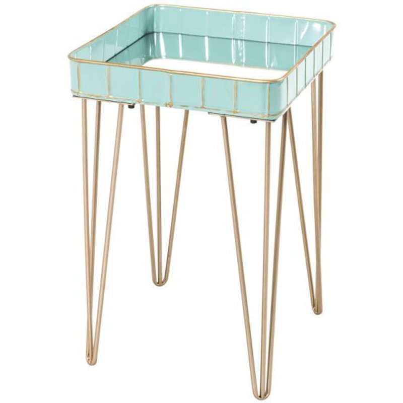 Table D'appoint Carrée 35x56 Cm En Métal Turquoise Et Doré