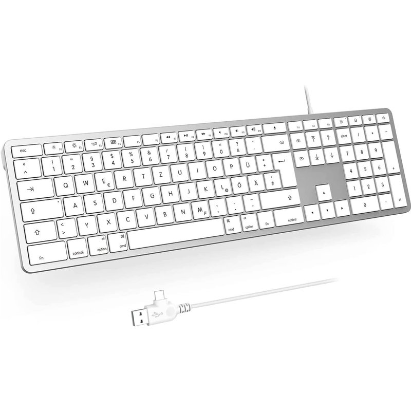 Clavier Mac filaire, avec c?ble et port de type C/USB, QWERTZ iMac Keyboard allemand uniquement pour Mac OS/IOS, argent et blanc
