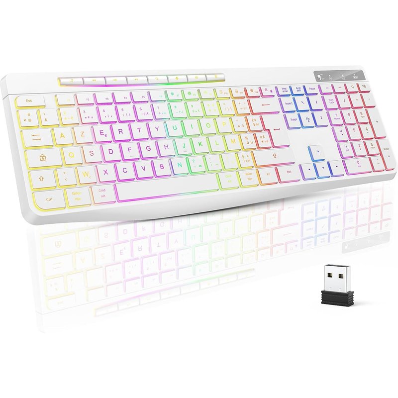 Clavier Gamer sans Fil - Clavier Ordinateur Silencieux AZERTY Rétroéclairé, USB Clavier Ergonomique et Etanche, 3 Touches Anti-Ghosting LED 2.4Ghz pour Windows, Mac, PC Blanc
