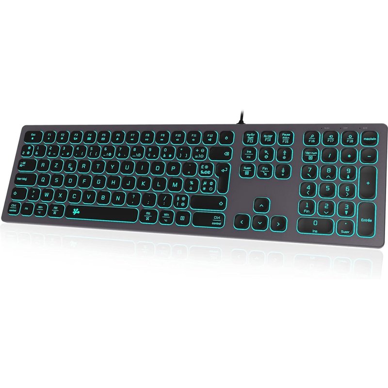 Clavier r?tro?clair? Filaire Slim ? avec bo?tier en Aluminium, Pav? num?rique et ?clairage RGB - Connextion USB pour Apple iMac, Macbook, Mac and PC - Layout AZERTY - Gris