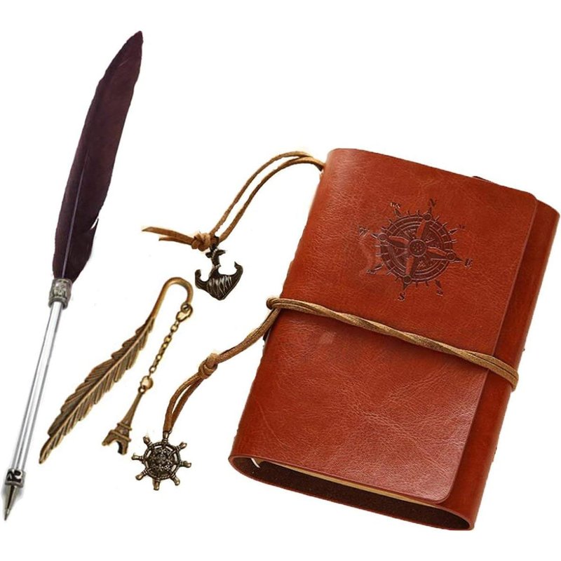 Ordinateur portable rechargeable Journal en cuir avec papier spécial Feather Marque-page et stylo à bille, vintage Art croquis, Vapeur Punk Coque Motif pour cadeau marron