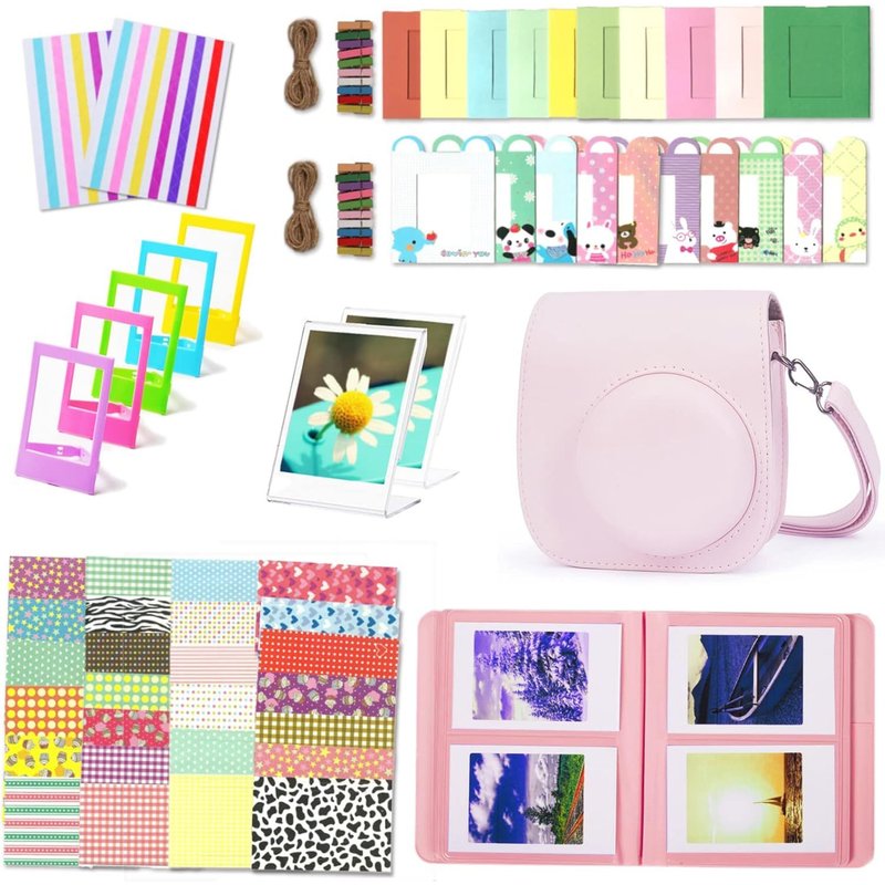 Instantané Caméra Accessoires Compatible avec Instax Mini 12 Appareil Photo, Le Package Comprend Housse de Caméra,Album, Cadres, Autocollant de Bord and Coin (Fleur Rose)