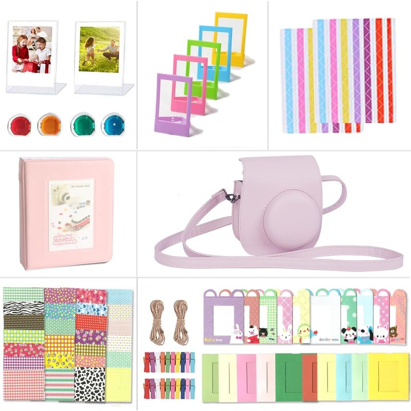 Accessoires compatibles avec l'appareil Photo pour Fujifilm Instax Mini 12, Comprenant Un Housse Mini 12, Un Album, Filtres, Cadres Muraux, Cadres de Film, Autocollant (Fleur Rose)