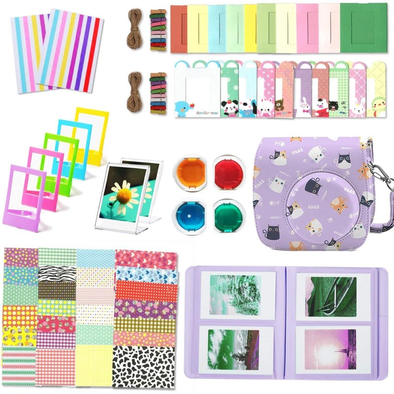 Instantané Caméra Accessoires Compatible avec Instax Mini 12 Appareil Photo, Le Package Comprend Housse de Caméra,Album, Cadres, Autocollant de Bord and Coin (Violet Chat)