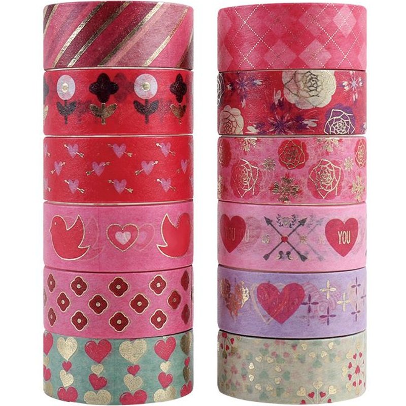 Ensemble de ruban adhésif avec 12 rouleaux de ruban de masquage décoratif mignon de la série Love en feuille d'or pour les travaux manuels et les emballages cadeaux. Ruban à clipser pour les bureaux d