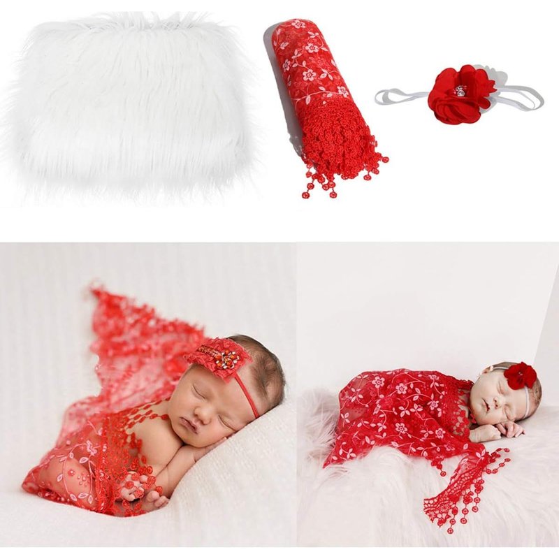 Accessoires Photo Bébé 3 Pcs Blanc + Rouge Couverture Moelleuse Bébé + Enveloppe Nouveau-Né + Bandeau Fleur Ensemble Garçons Filles Tenues De Photographie De Bricolage