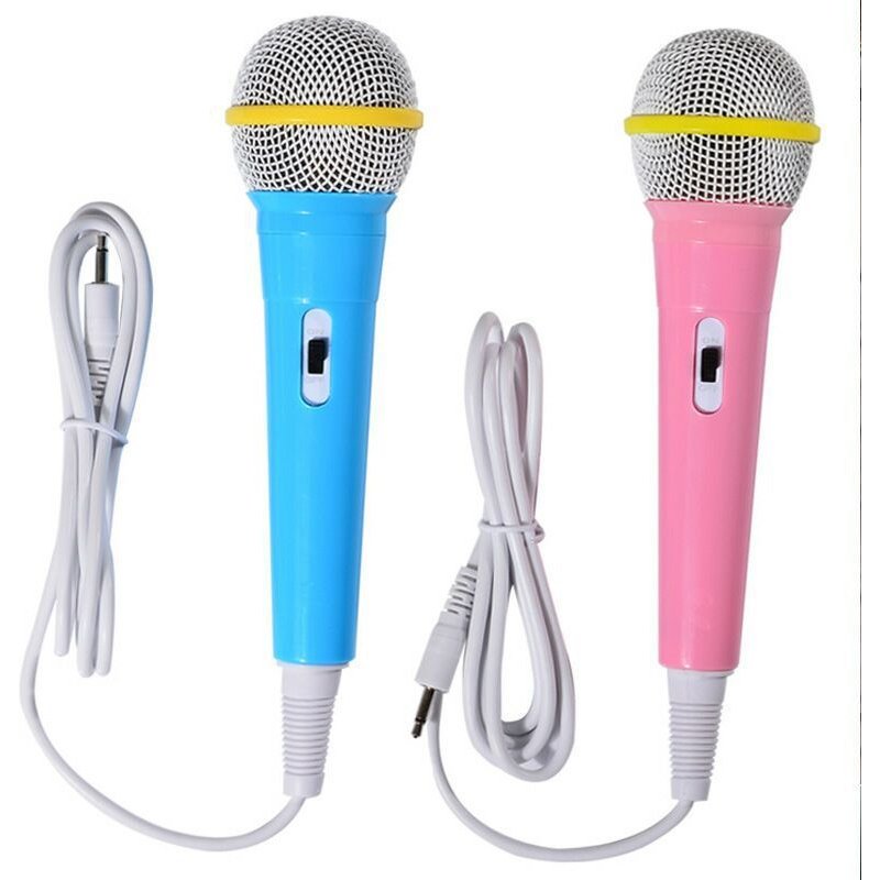 Deux microphones filaires, microphone dynamique filaire prise jack 3,5 mm, lumière sans batterie, machine à chanter pour enfants, microphone filaire domestique (bleu + rose)