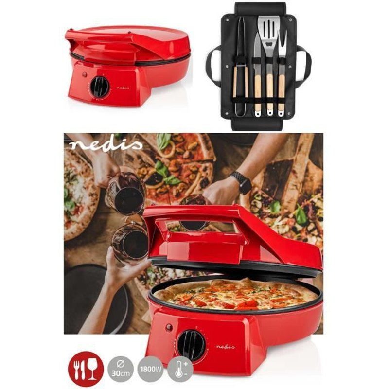 Four à Pizza tartes Rouge Grill Plancha Revêtement Pierre antiadhésif 1800 W pancakes, omelettes, quiches Grillades + Set de 4 acces