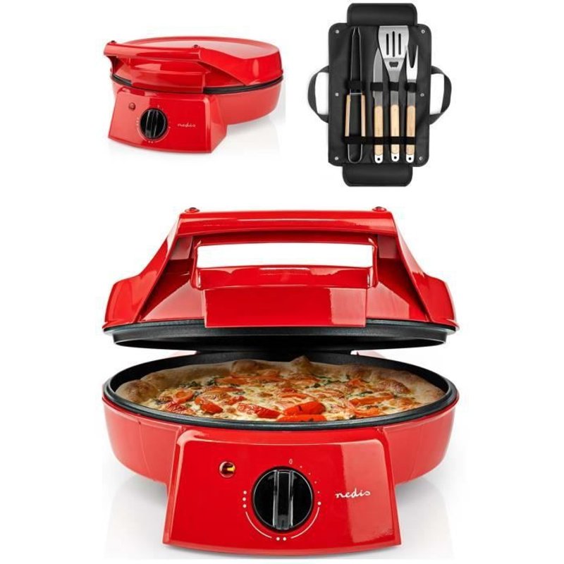 Four à Pizza tartes Rouge Grill Plancha Revêtement Pierre antiadhésif 1800 W pancakes, omelettes, quiches et flammekuech + Set de 4