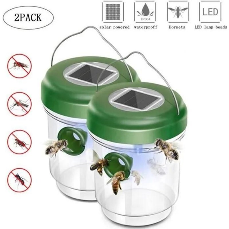 Lot de 2 Pièges à Mouche, Guêpes et Moustique Attrape Anti-Insectes, Frelons - Solaire avec Lumière LED