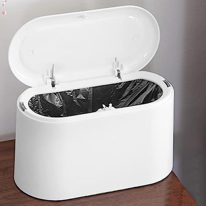 Blanc , Petite Poubelle de Table avec Couvercle à Bouton-Poussoir Poubelle de Bureau Blanche Mini Poubelle de Table Plastique Poubelle de Table Cuisine Portable pour Coiffeuse, Chambre, Comptoir