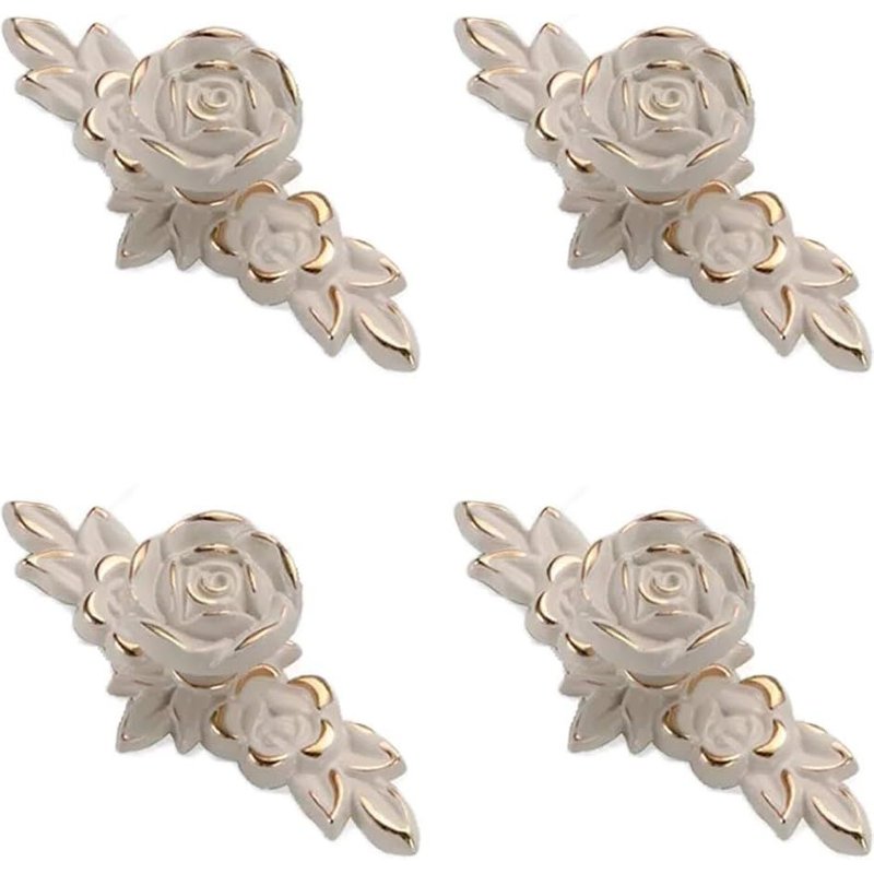 Lot de 4 boutons de meuble Euro Rose avec plaques arrière, poignées de tirage de tiroir à fleurs en alliage de zinc de cuisine vintage pour commode, table de chevet, armoire, lot de 4 (bord doré)
