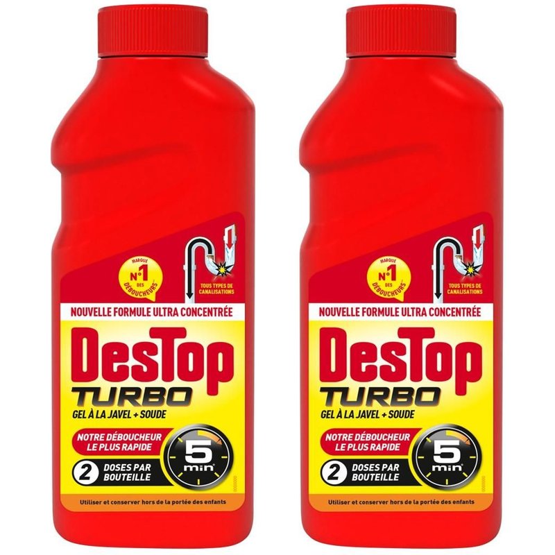 DESTOP Lot de 2 Gels désinfectant et déboucheur canalisation Turbo 5 min - 2 doses - 500ml