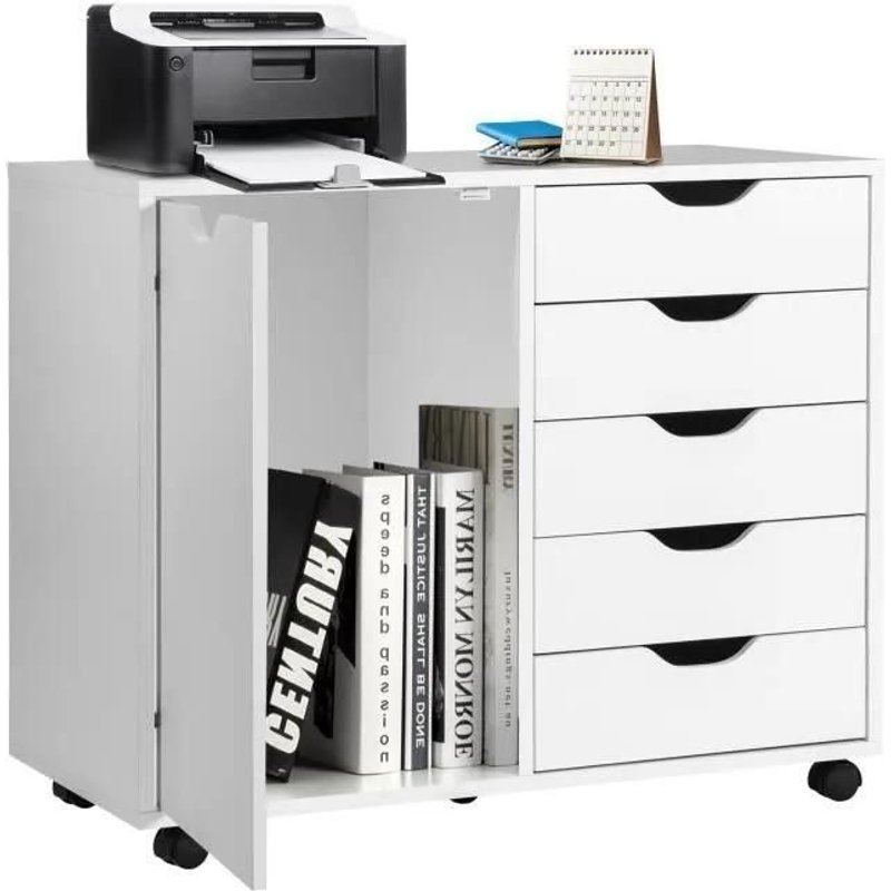 Costway Caisson De Bureau Avec Roues, 5 Tiroirs, Placard, Poignée Incurvée, Support Imprimante Pour Bureau, 79 X 39 X 65 Cm, Blanc