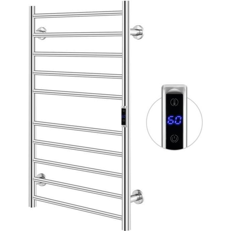COSTWAY 120W Radiateur Sèche-serviettes Électrique 30-60°C en Acier Inoxydable, avec Minuterie Affichage LED, Protection Surchauffe