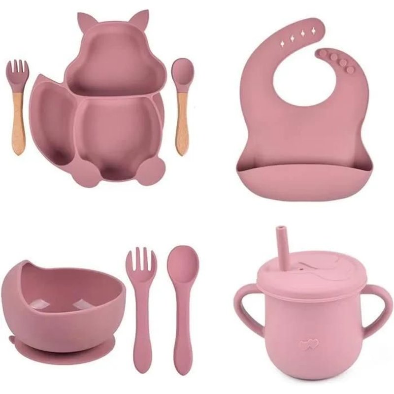 Coffret Repas Bebe,Lot De 8 Silicone Assiette Bébé Set Avec Ventouse Bol Tasse Couvert Enfant Set De Vaisselle (Rose)