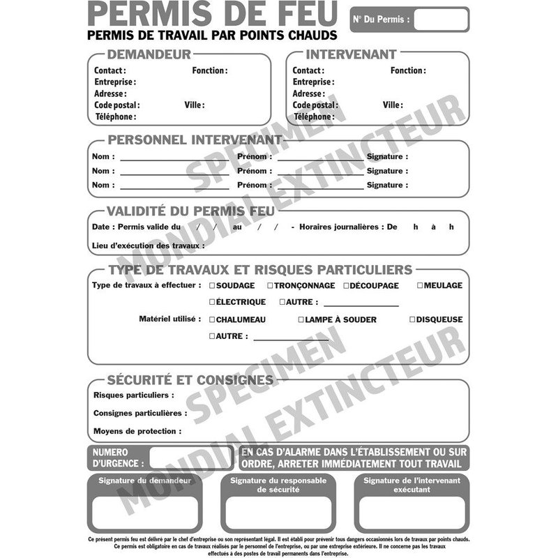 Permis de feu - Liasse de 50 formulaires en 3 exemplaires