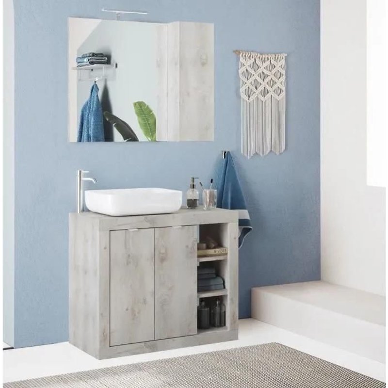 ROME Ensemble Meuble salle de bain L 92 + vasque + 2 Portes + 3 niches - Coloris chene Pin Clair