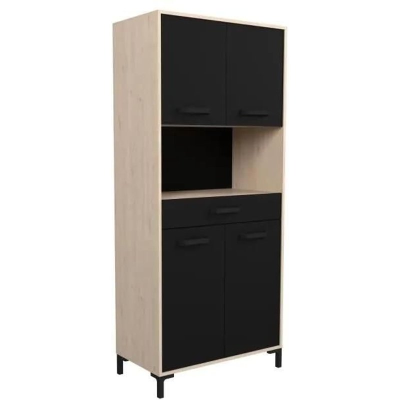 Buffet De Cuisine Factory - Décor Chene Et Noir - 2 Portes + 1 Tiroir - Modulable - L 80 X P 43,3 X H 185 Cm