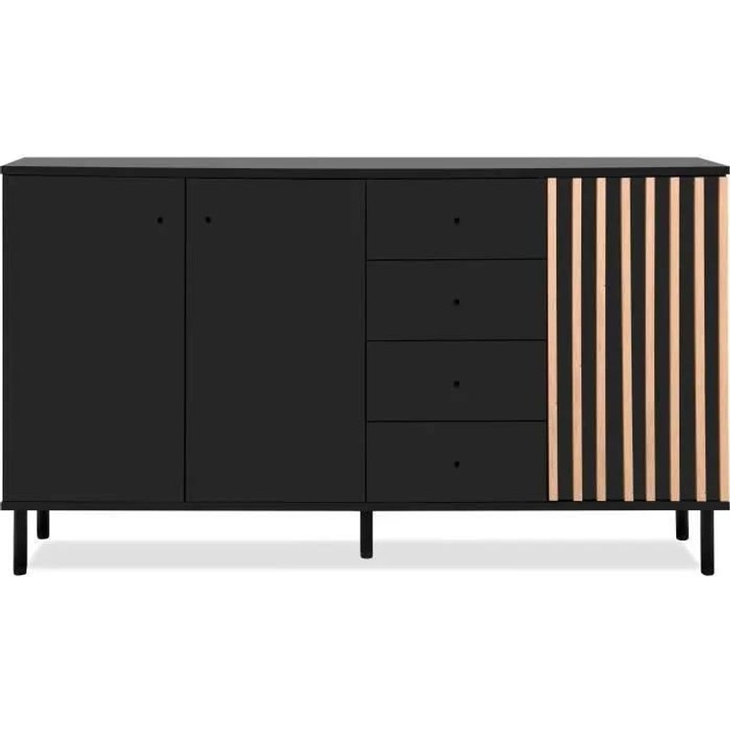 Buffet 3 Portes Et 4 Tiroirs Noir Et Bois - L160 Cm
