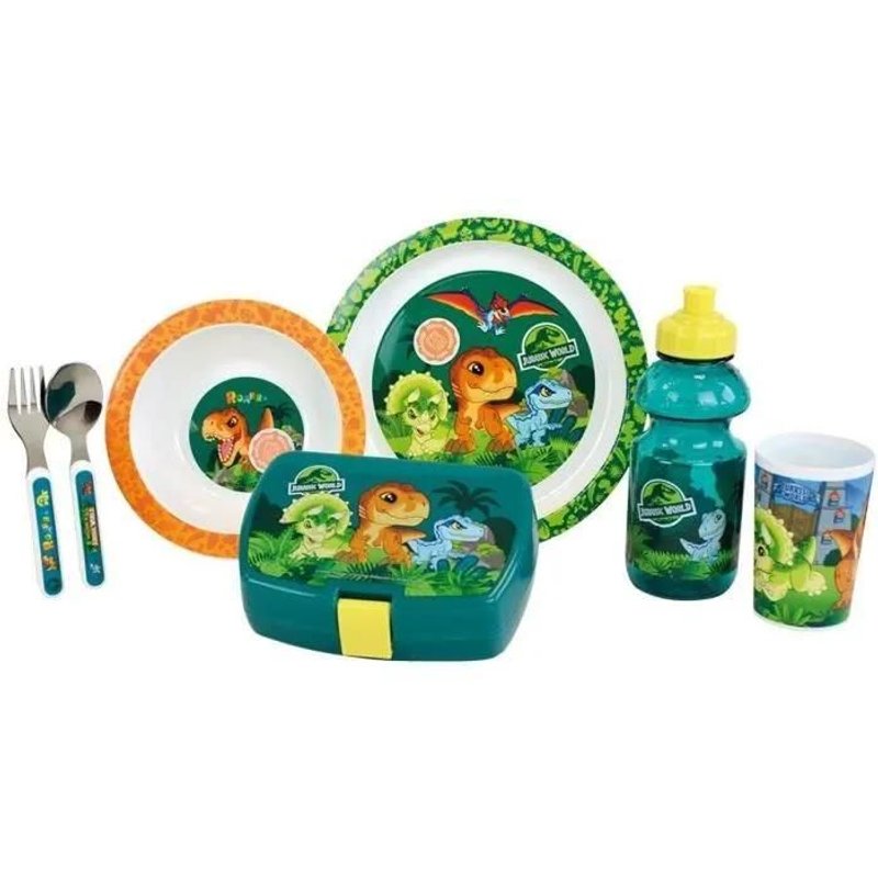 Jurassic World - Lot Vaisselle Pour Enfant Avec Verre, Assiette Creuse, Assiette, Couverts, Gourde Et Boite Gouter