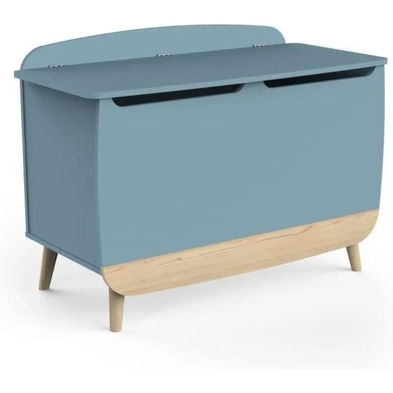 Coffre A Jouets - Firmiana - Style Scandinave - Bleu Orage Et Bois Naturel - 82,4 X 39,1 X 58,9 Cm - Demeyere