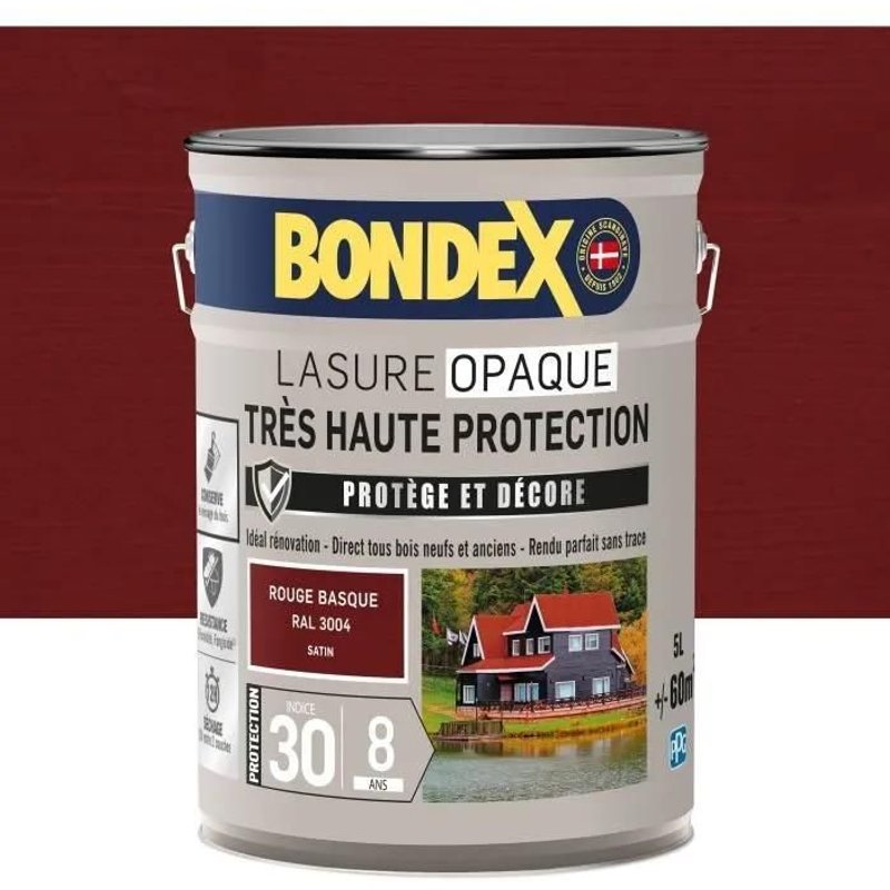 Lasure opaque Tres haute protection - Rouge basque RAL 3004 satin - BONDEX - 5 L