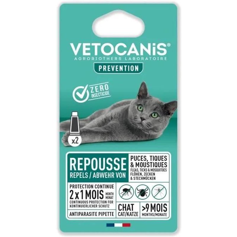 Vetocanis 2 Pipettes Anti-Puces Et Anti-Tiques - Pour Chat - 2x 1 Mois De Protection