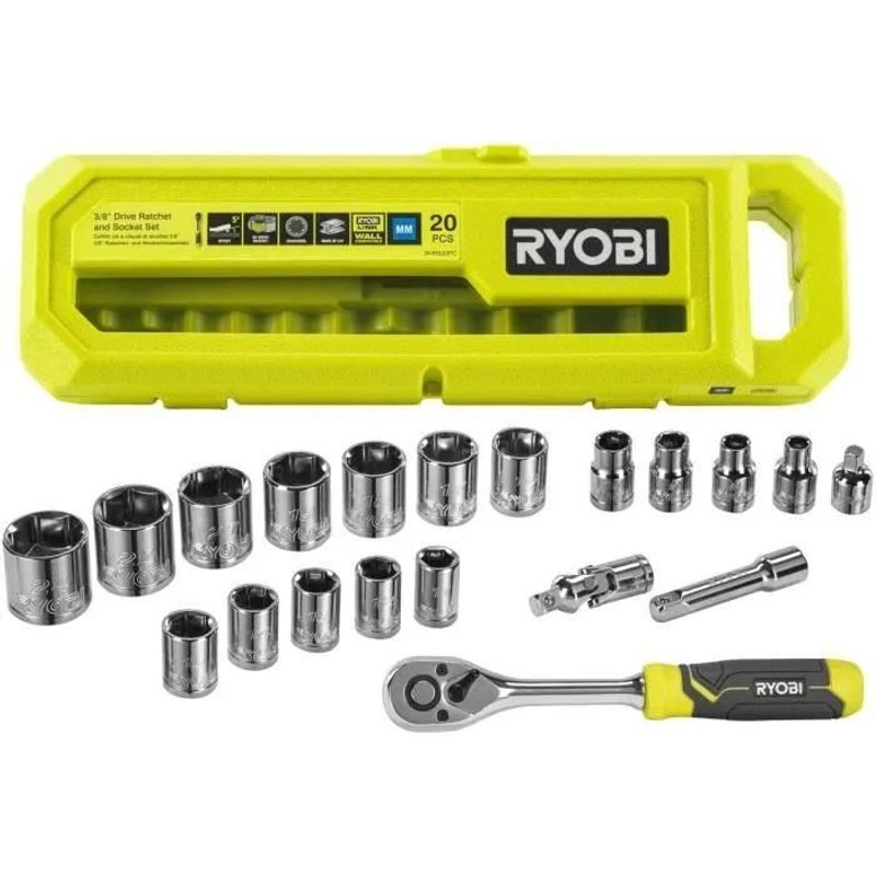 Coffret 16 douilles et accessoires RYOBI - Clé 90 dents - RHRS20PC