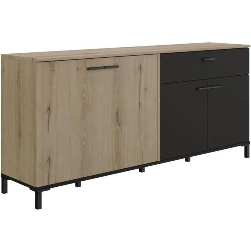 Enfilade 4 Portes 1 Tiroir Effet Bois ChĂȘne Marron Et Noir