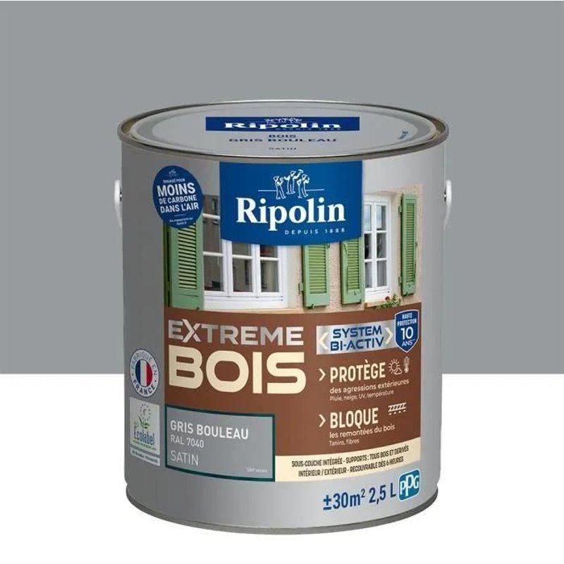 Peinture Ripolin EXTREME BOIS microporeuse satin 2L5 gris bouleau