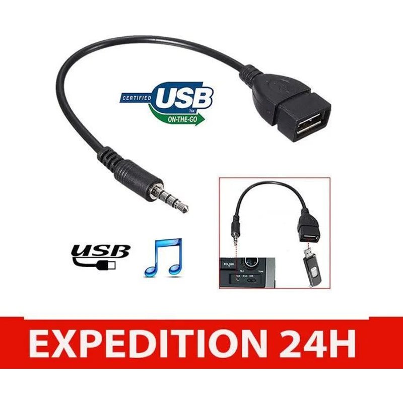 Adaptateur câble prise jack audio 3.5 mm à USB femelle clé USB Udisk autoradio