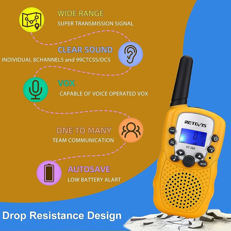 1 paire RT388 talkie-walkie pour enfants, talkie-walkie Ă distance, cadeaux jouets pour 4-12 ans, camping, aventure d'espionnage en plein air jaune